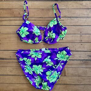 Vintage 90s Bikini Women's Floral Purple Green Bikini Swimsuit Hawaiian Bright